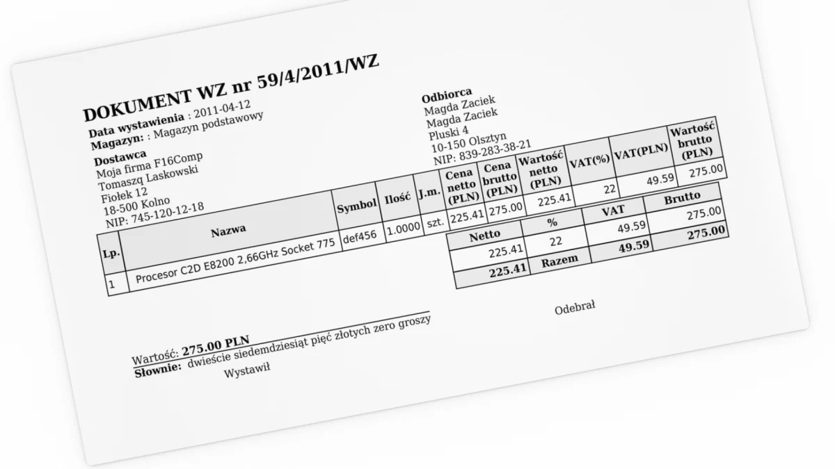Przykładowy dokument WZ — wydanie zewnętrzne